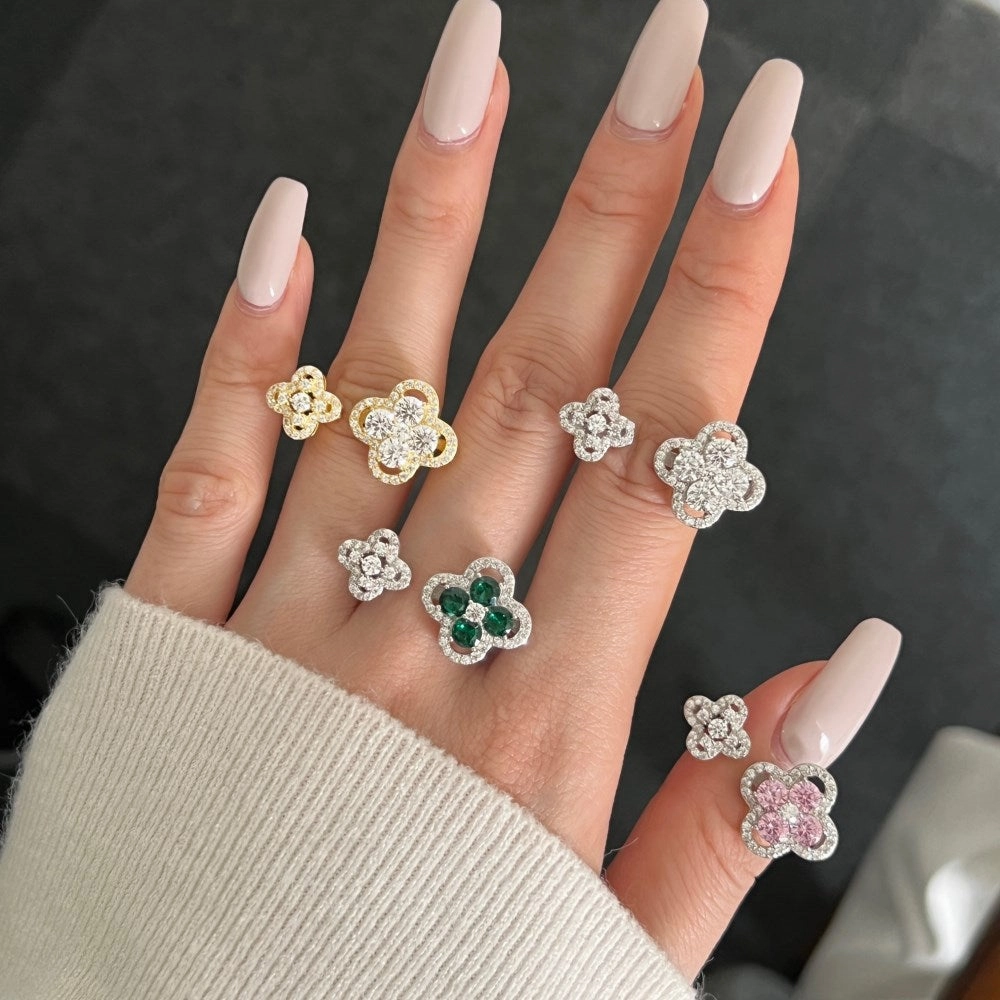 Wholesale S925 Sterling Silver Four-leaf Clover Zircon Ring