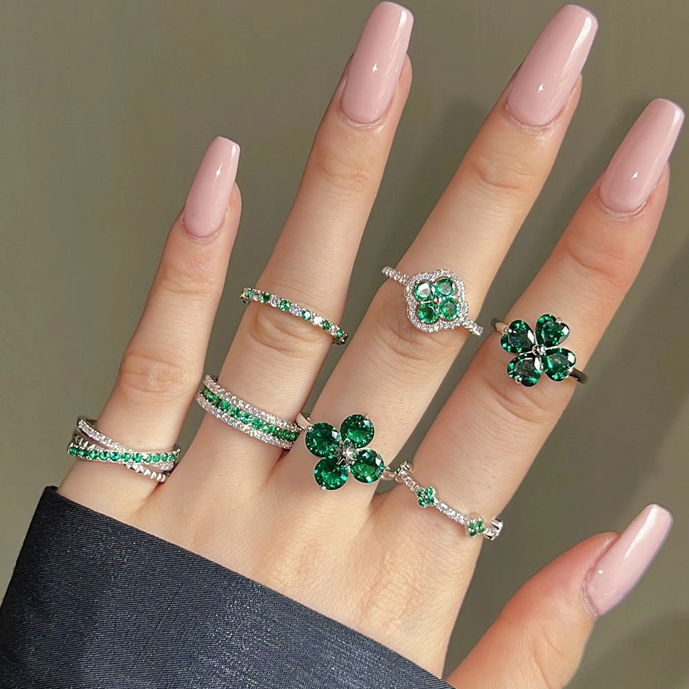 Wholesale S925 Sterling Silver Green Four-leaf Clover Zircon Inlaid Ring