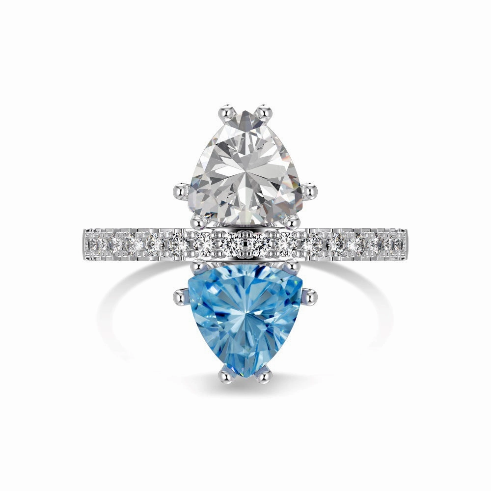 Wholesale S925 Sterling Silver Love Water Drop Geometric Blue Diamond Zircon Ring