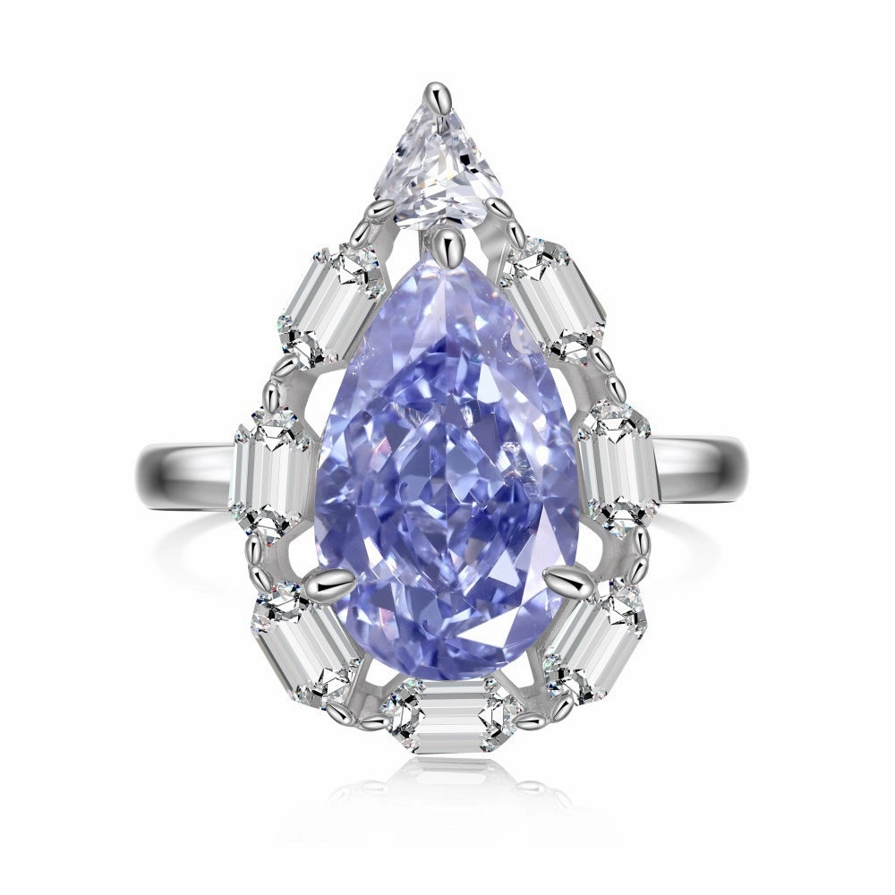 Wholesale S925 Sterling Silver Love Water Drop Geometric Blue Diamond Zircon Ring