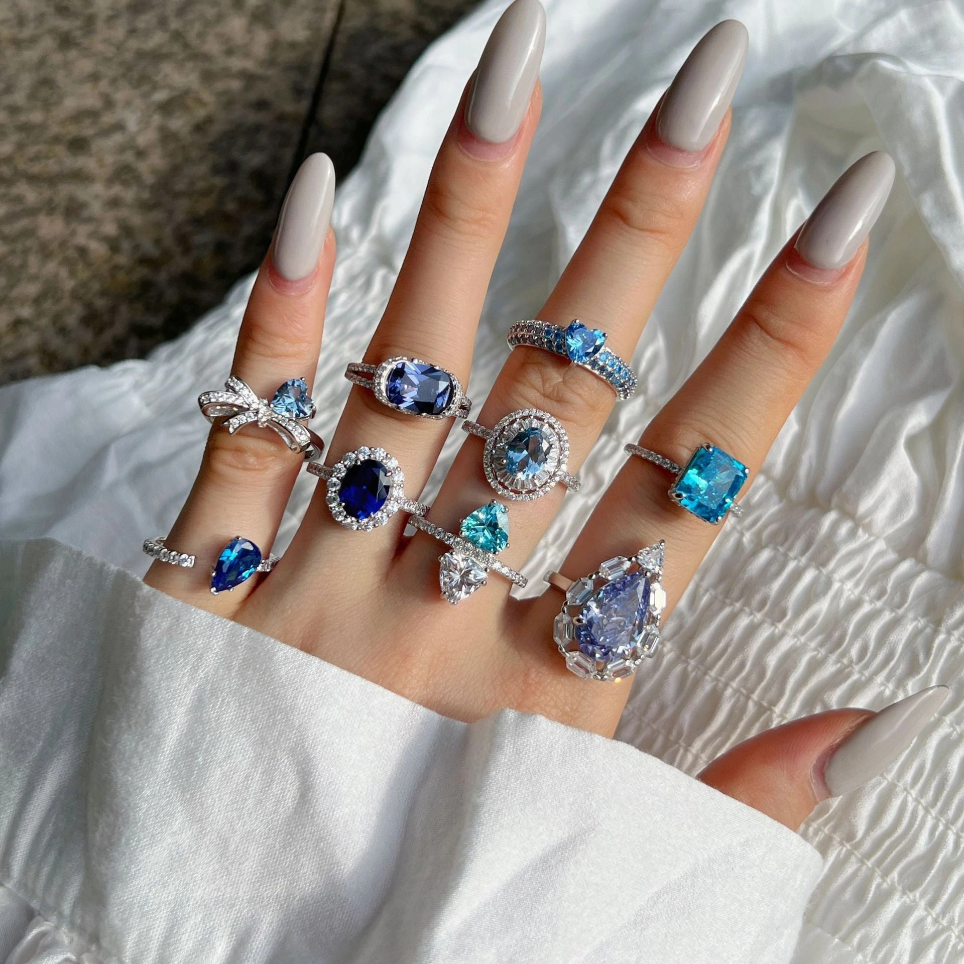 Wholesale S925 Sterling Silver Love Water Drop Geometric Blue Diamond Zircon Ring