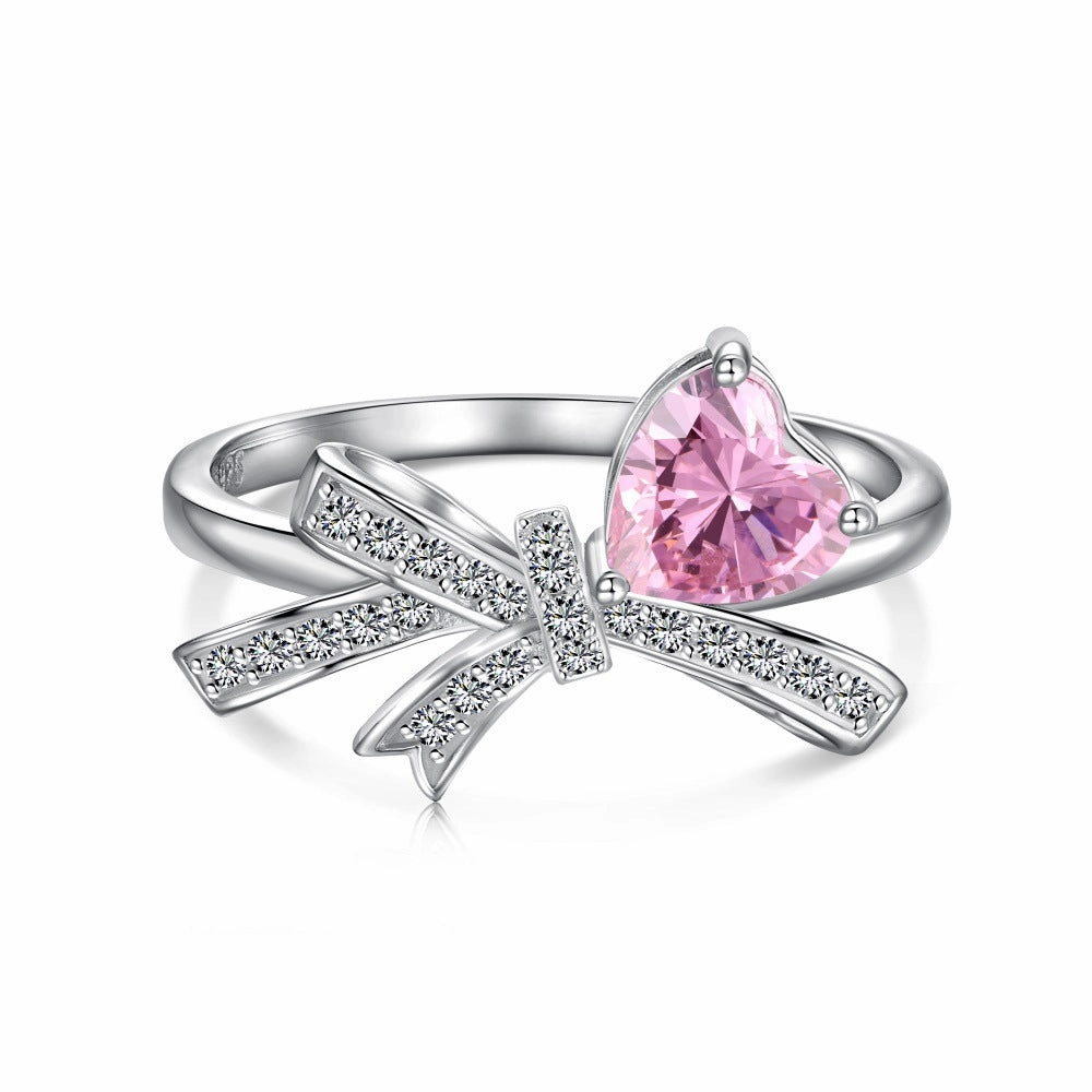 Wholesale S925 Sterling Silver Lucky Four-leaf Clover Bow Heart Pink Ring