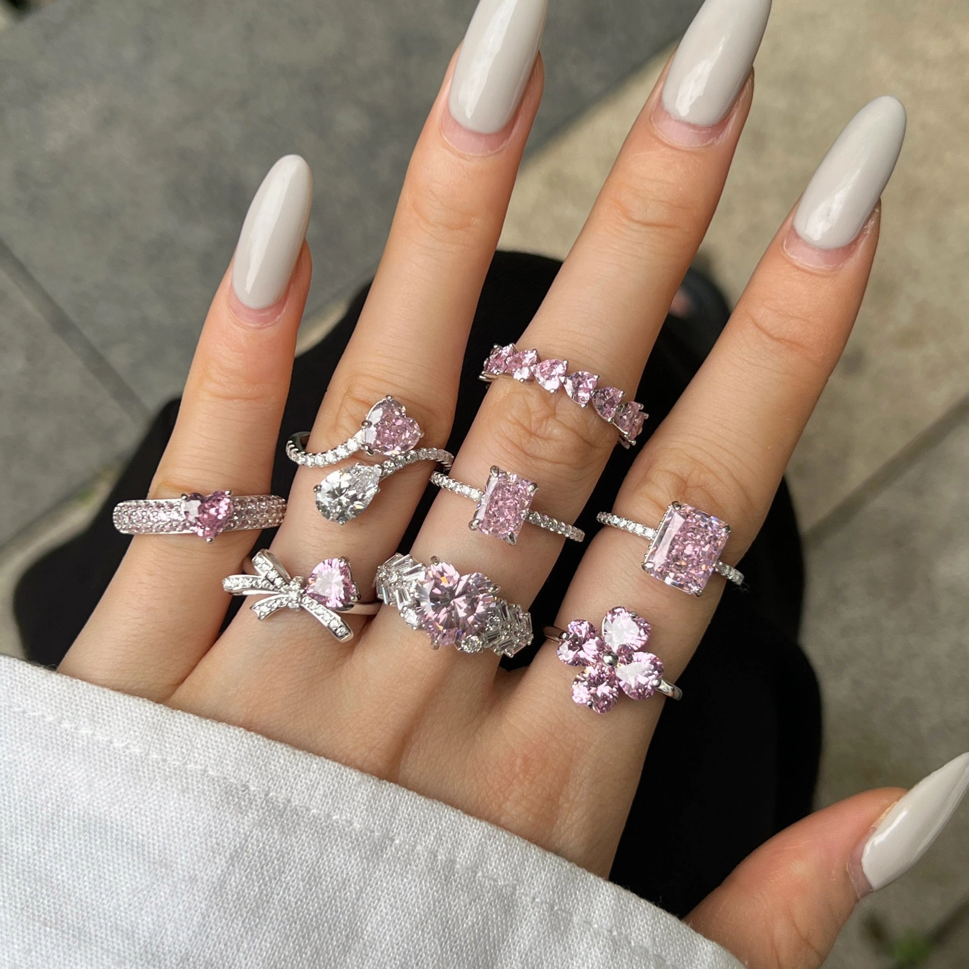 Wholesale S925 Sterling Silver Lucky Four-leaf Clover Bow Heart Pink Ring