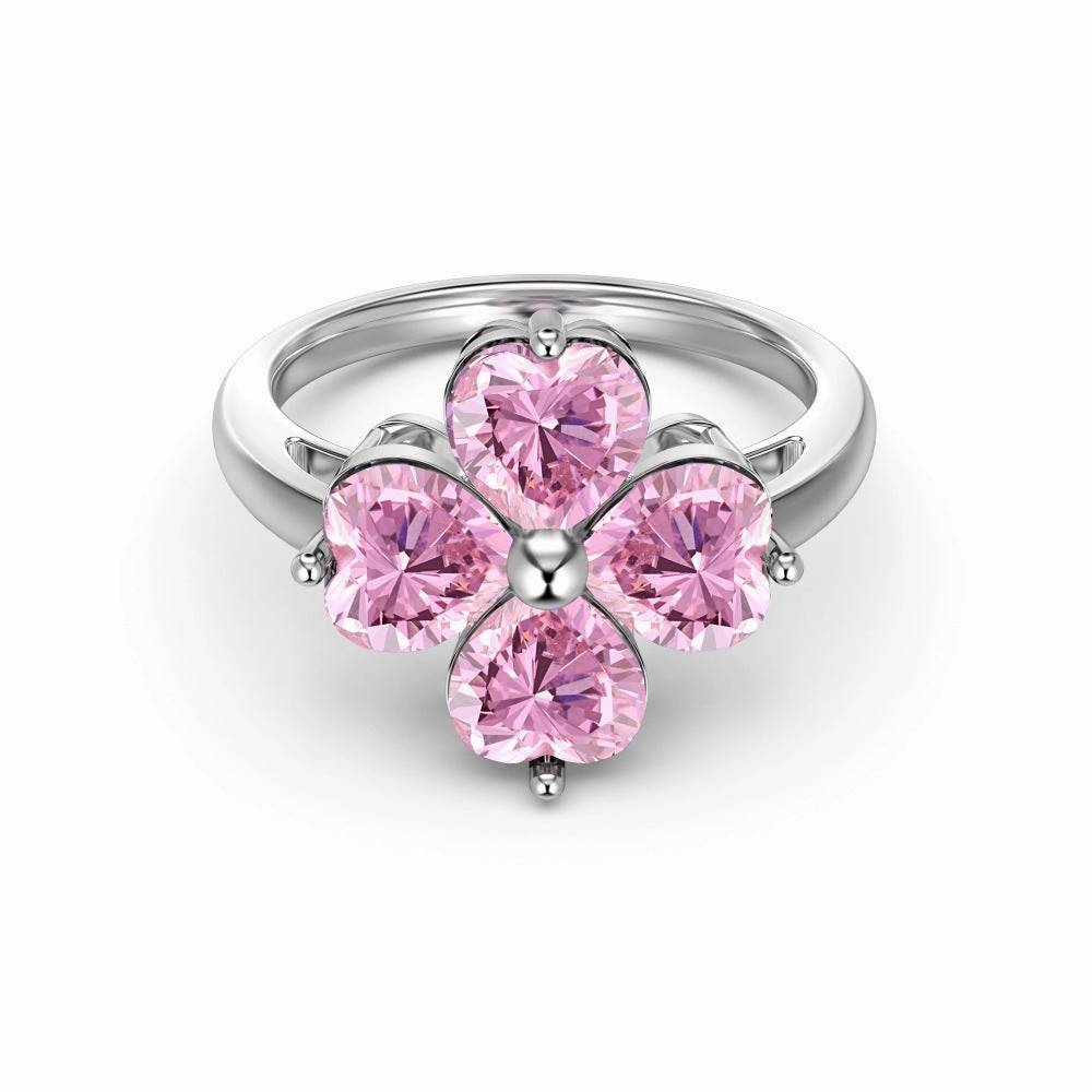 Wholesale S925 Sterling Silver Lucky Four-leaf Clover Bow Heart Pink Ring