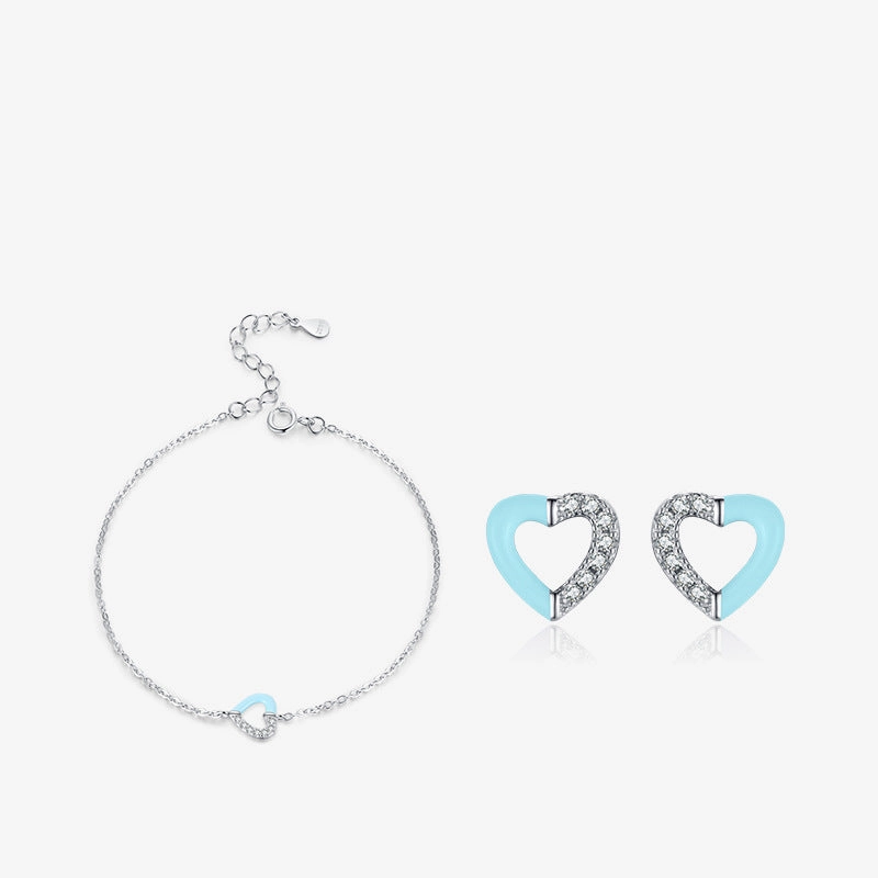 Wholesale S925 Sterling Silver Micro Pavement Stitching Heart Bracelet Earrings Set OLY-BT-MoD010
