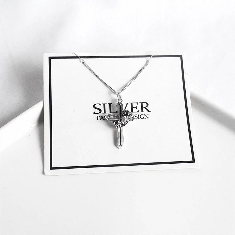 Wholesale S925 Sterling Silver Re-done Crown Cross Collarbone Necklace
