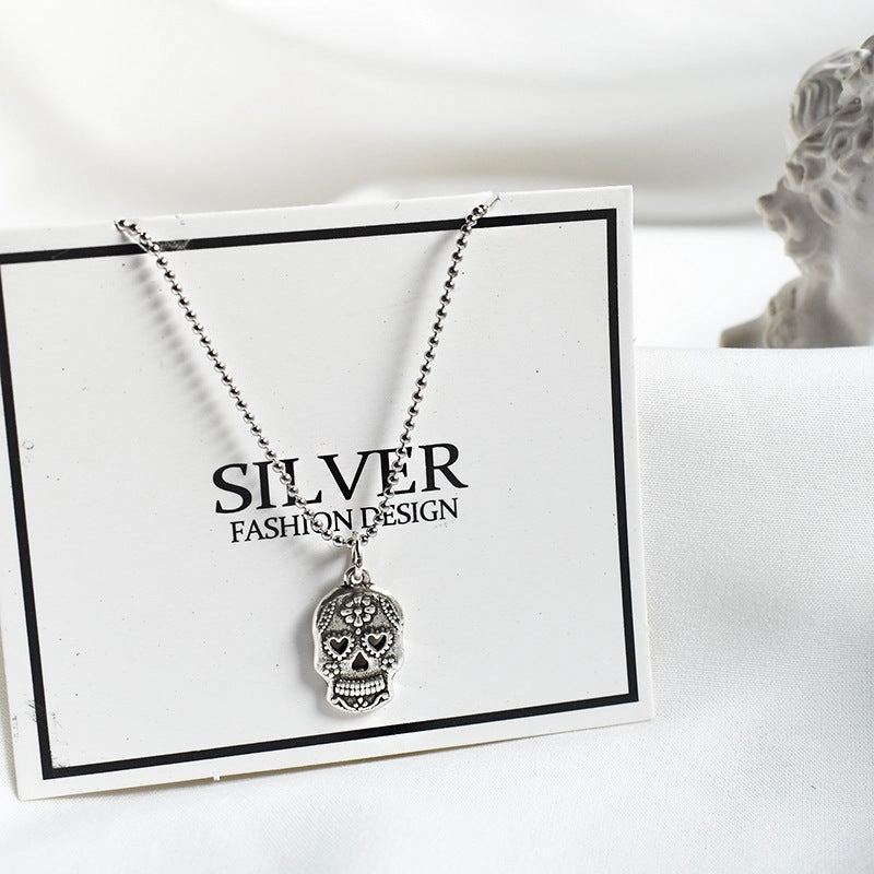 Wholesale S925 Sterling Silver Retro Hipster Skull Clavicle Necklace