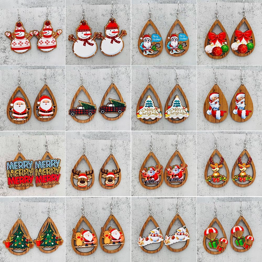 Wholesale Santa Claus Bells Red Car Water Drop Wooden Earrings