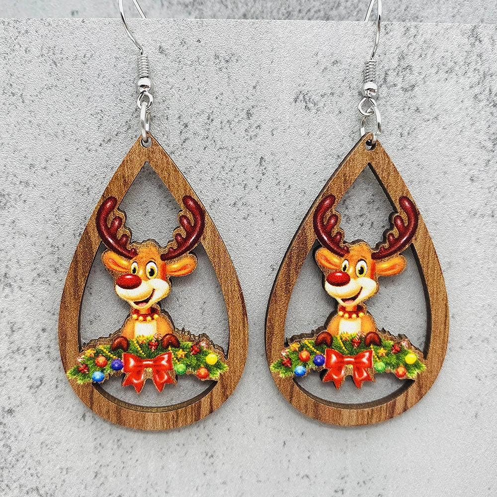 Wholesale Santa Claus Bells Red Car Water Drop Wooden Earrings