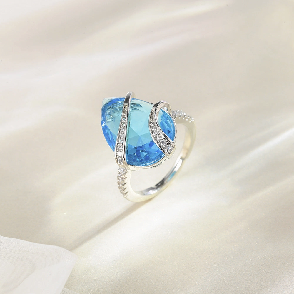 Wholesale Sea Blue Water Drop Zircon Copper Rings