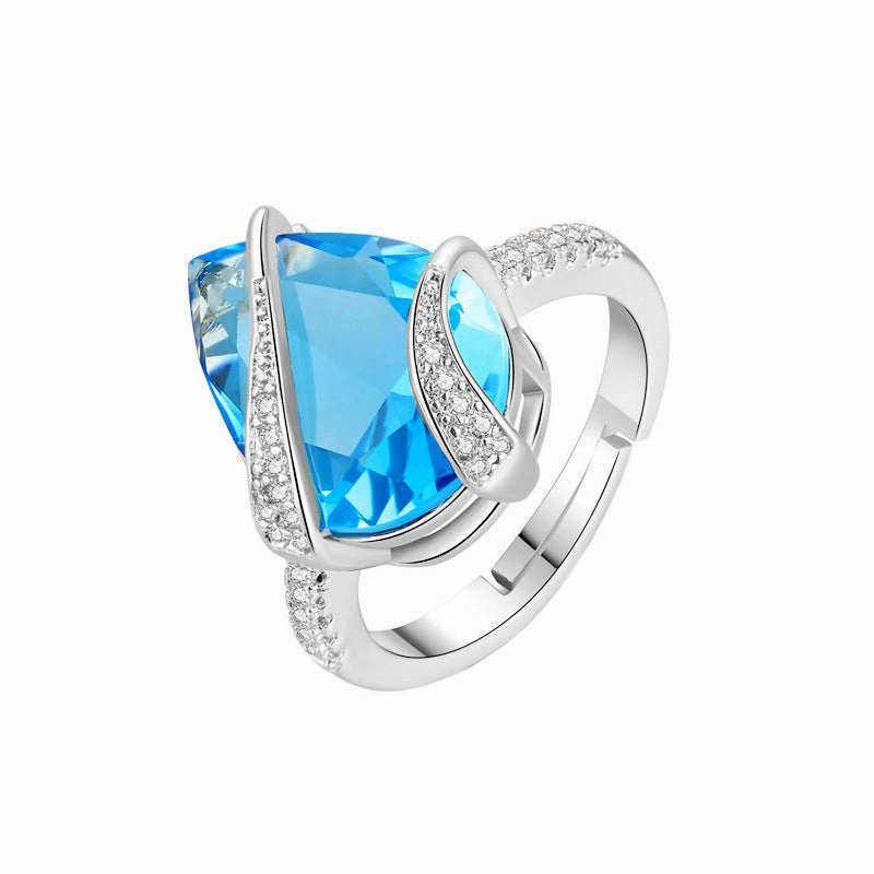 Wholesale Sea Blue Water Drop Zircon Copper Rings