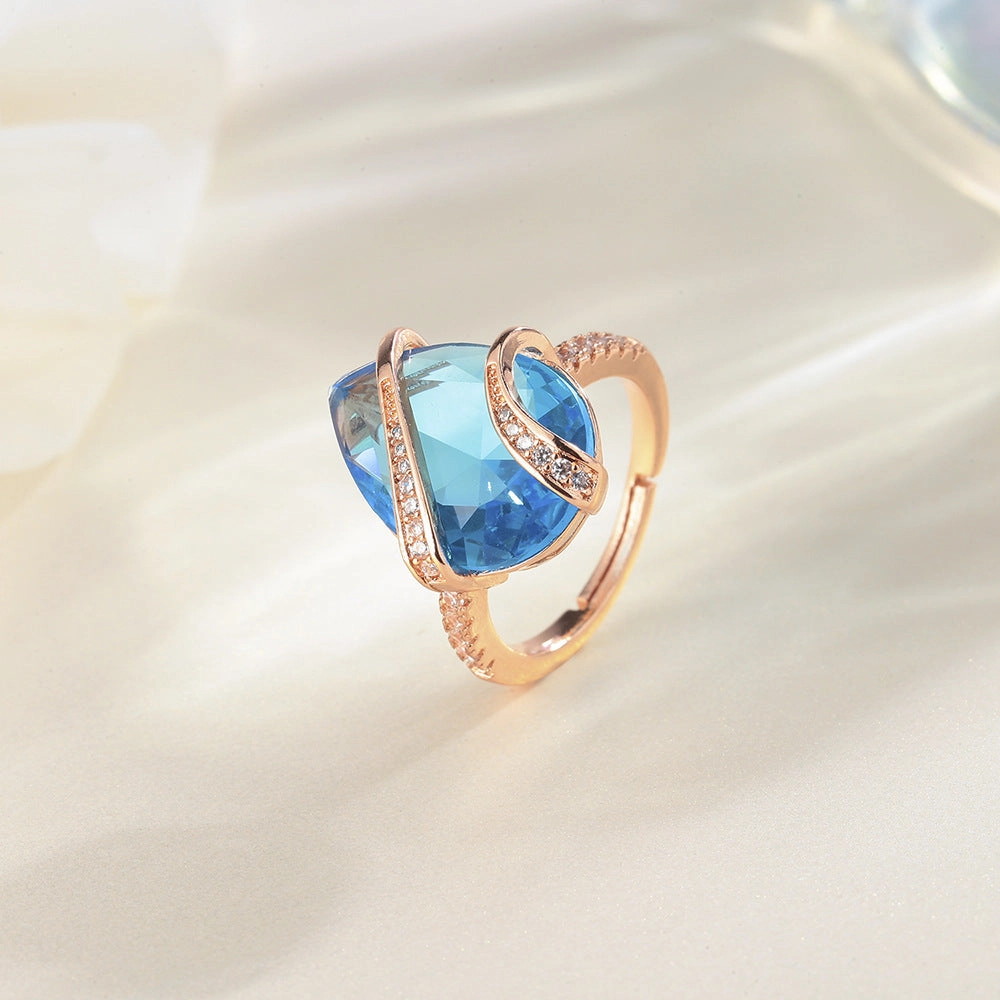 Wholesale Sea Blue Water Drop Zircon Copper Rings