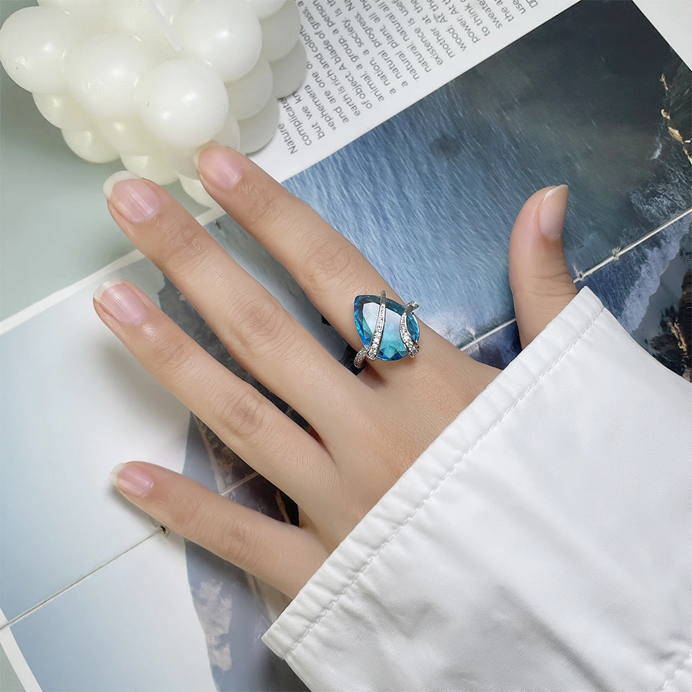 Wholesale Sea Blue Water Drop Zircon Copper Rings