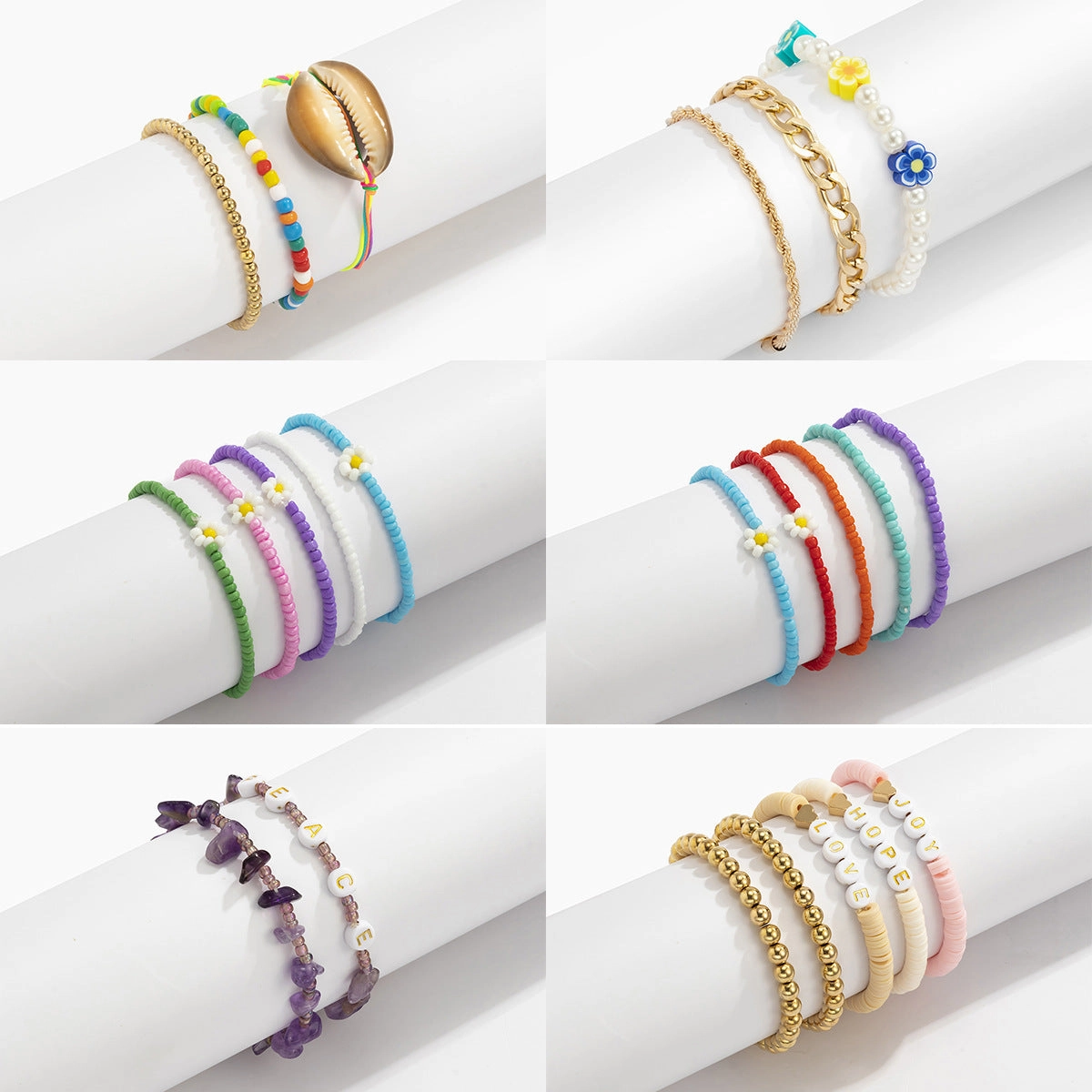 Wholesale Seashell Colorful Rice Beads Stretch Small Daisy Flowers Bracelet