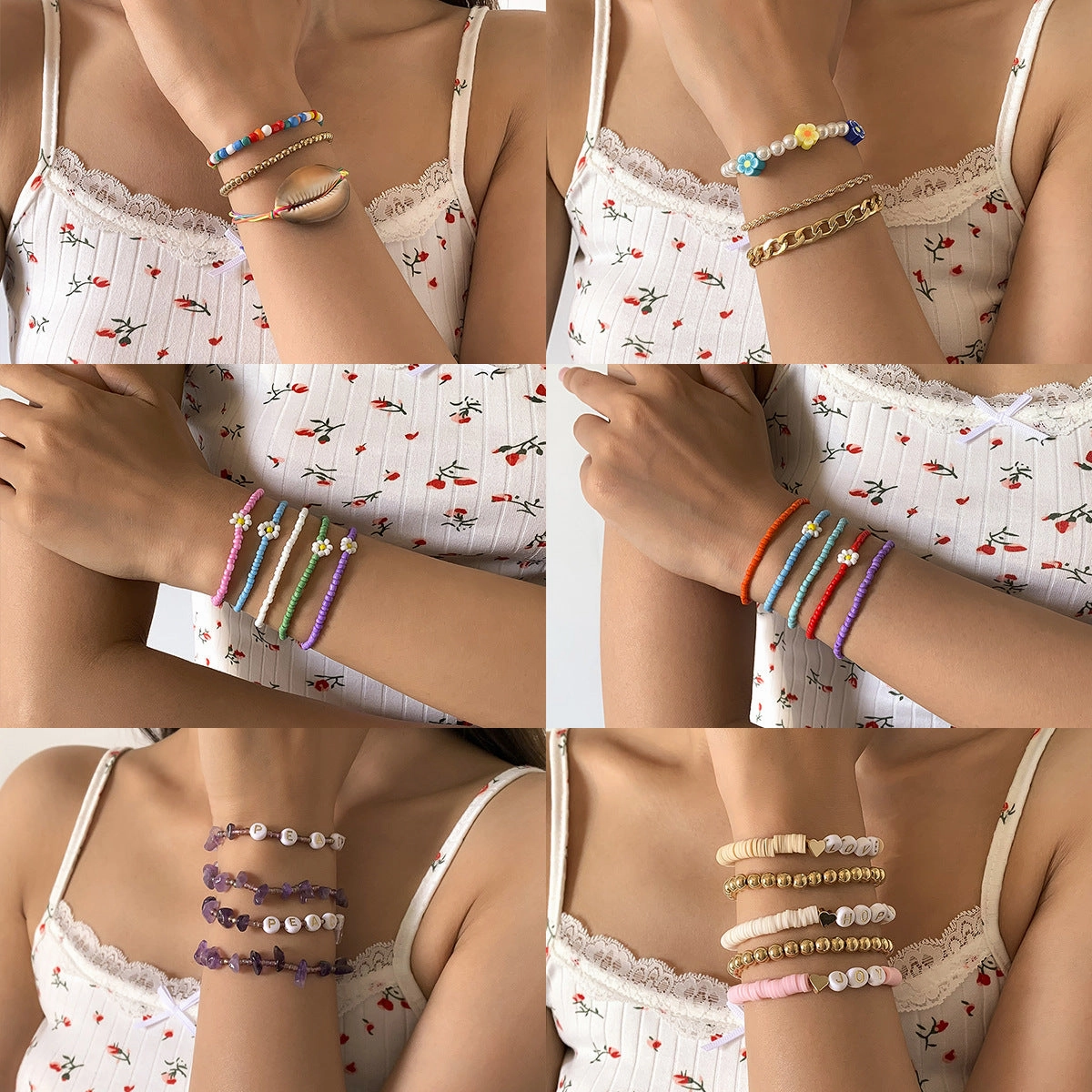 Wholesale Seashell Colorful Rice Beads Stretch Small Daisy Flowers Bracelet