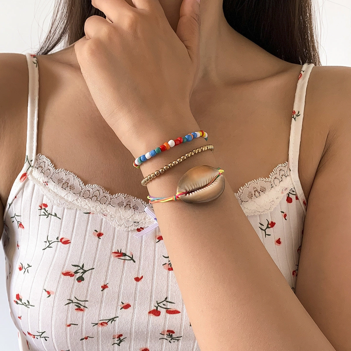 Wholesale Seashell Colorful Rice Beads Stretch Small Daisy Flowers Bracelet