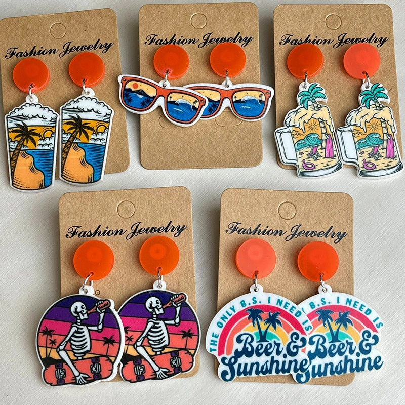 Wholesale seaside beer sunglasses sunrise sunset acrylic earrings