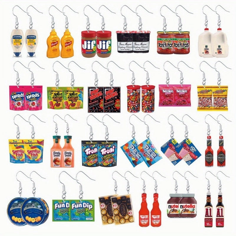 Wholesale Set of 24 Pairs of Snack and Condiment Inspired Set of Cute Acrylic Earrings