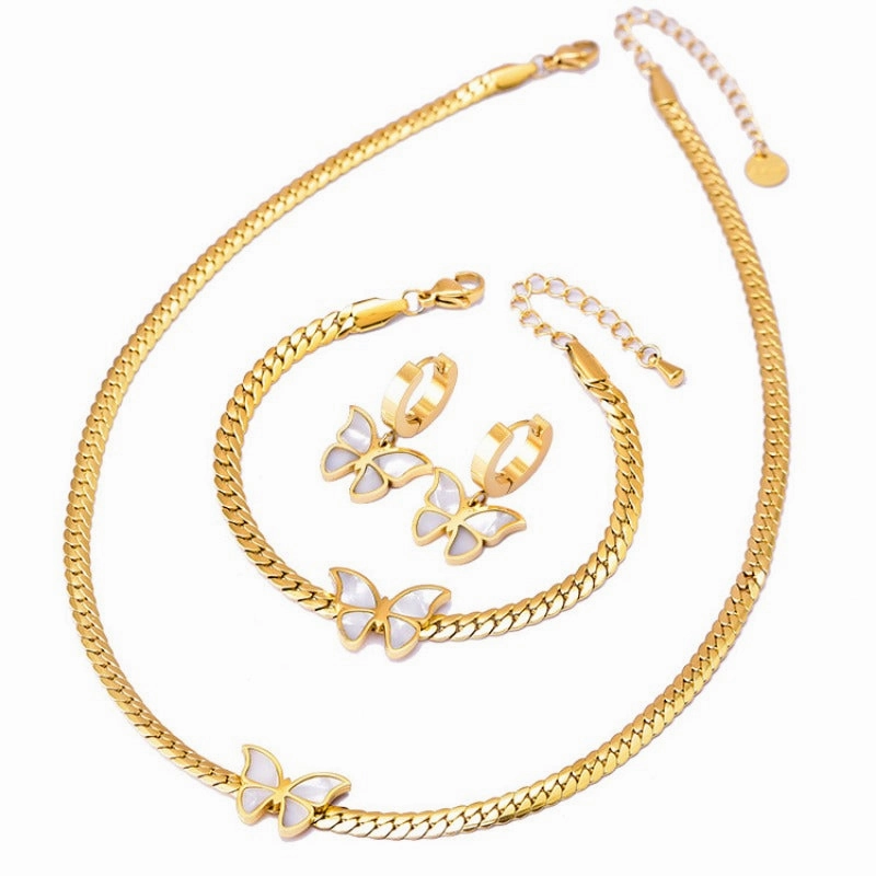 Wholesale Shell Butterfly Clavicle Chain Bracelet Short Gold Earrings Necklace Set
