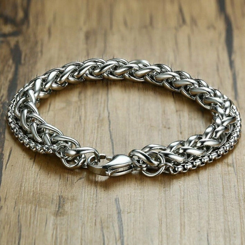 Wholesale Silver Mens Titanium Steel Double Layer Keel Bracelet