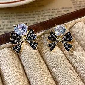 Wholesale Silver Needle Black Bow Micropaved Zirconia Stud Earrings