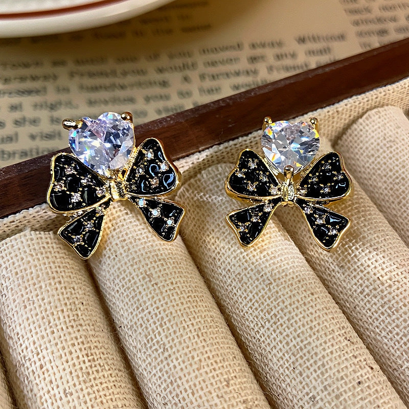 Wholesale Silver Needle Black Bow Micropaved Zirconia Stud Earrings