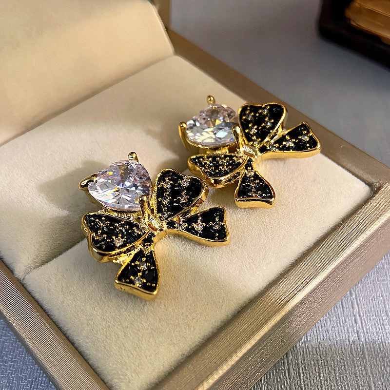Wholesale Silver Needle Black Bow Micropaved Zirconia Stud Earrings