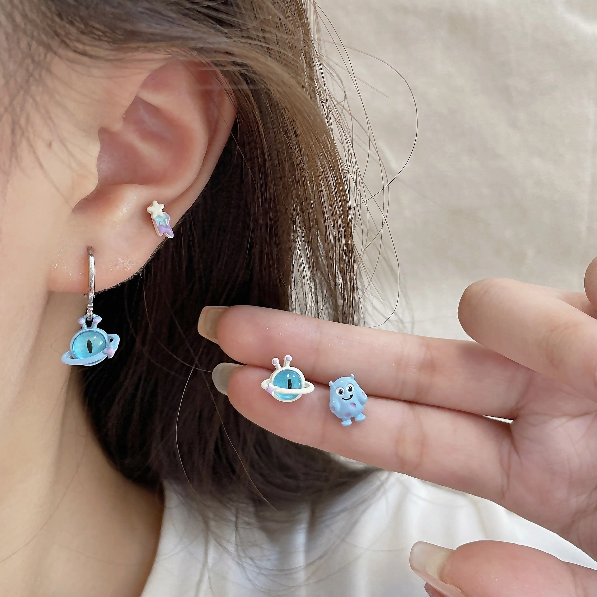Wholesale Silver Needle Blue Little Monster Stud Earrings Set Cartoon Opal