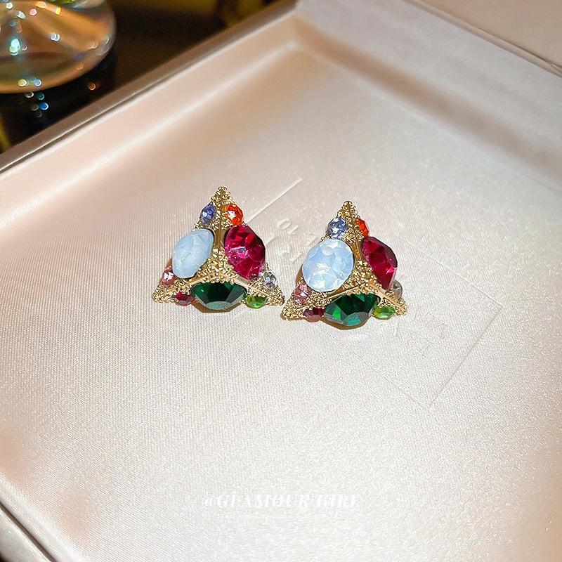 Wholesale Silver Needle Colored Zircon Triangle Alloy Earrings