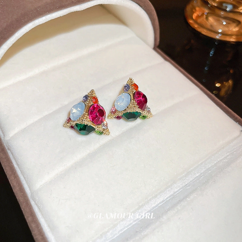 Wholesale Silver Needle Colored Zircon Triangle Alloy Earrings