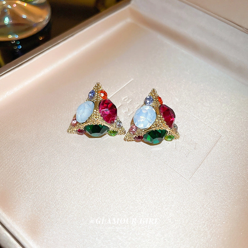 Wholesale Silver Needle Colored Zircon Triangle Alloy Earrings