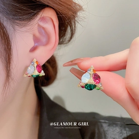 Wholesale Silver Needle Colored Zircon Triangle Alloy Earrings
