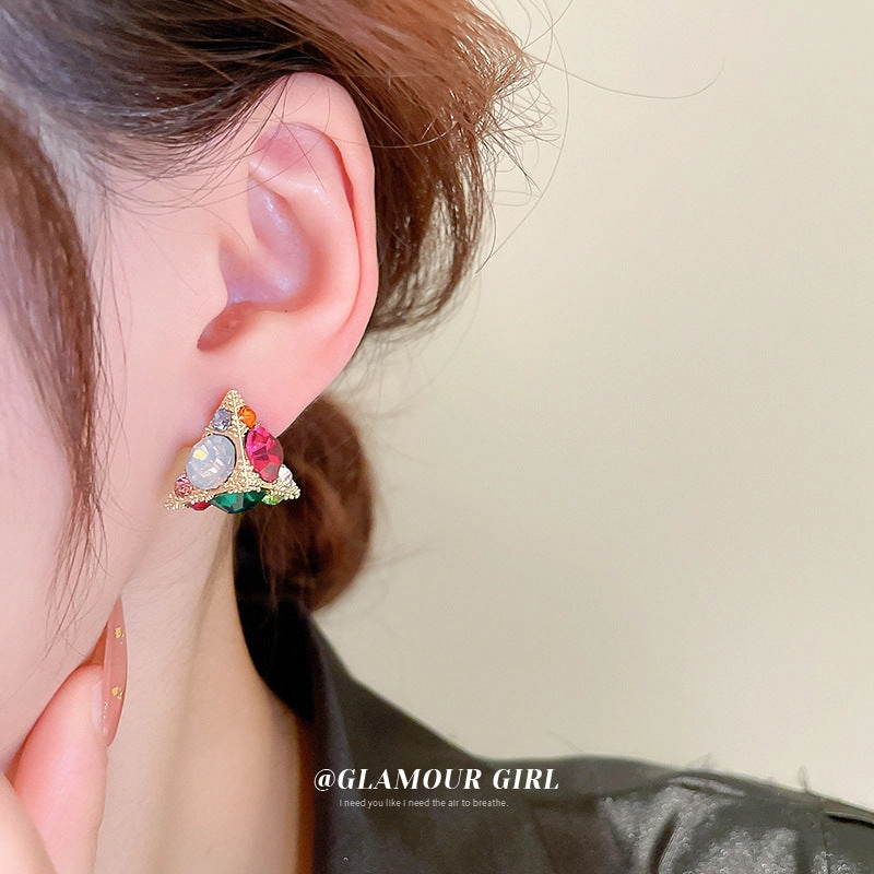 Wholesale Silver Needle Colored Zircon Triangle Alloy Earrings