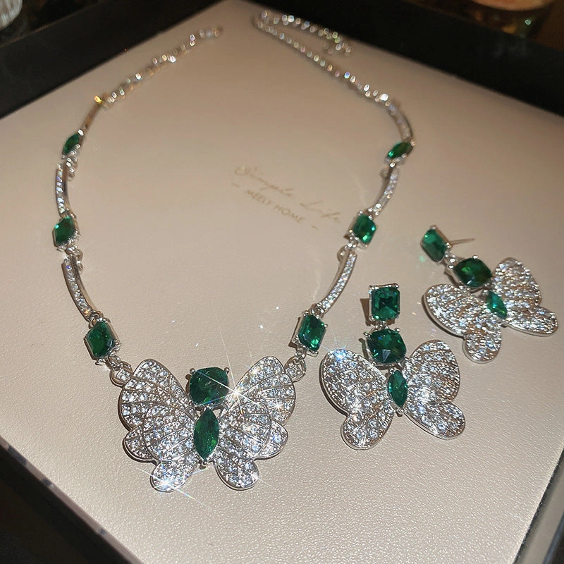 Wholesale Silver Needle Diamond Butterfly Emerald Square Earrings Necklace Set