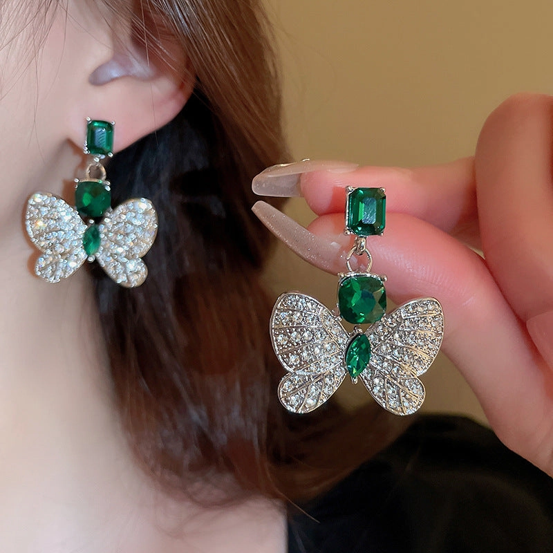 Wholesale Silver Needle Diamond Butterfly Emerald Square Earrings Necklace Set