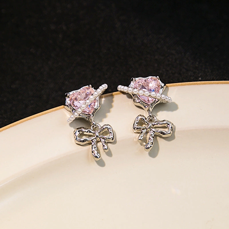 Wholesale Silver Needle Love Wrap Heart Pearl Alloy Earrings