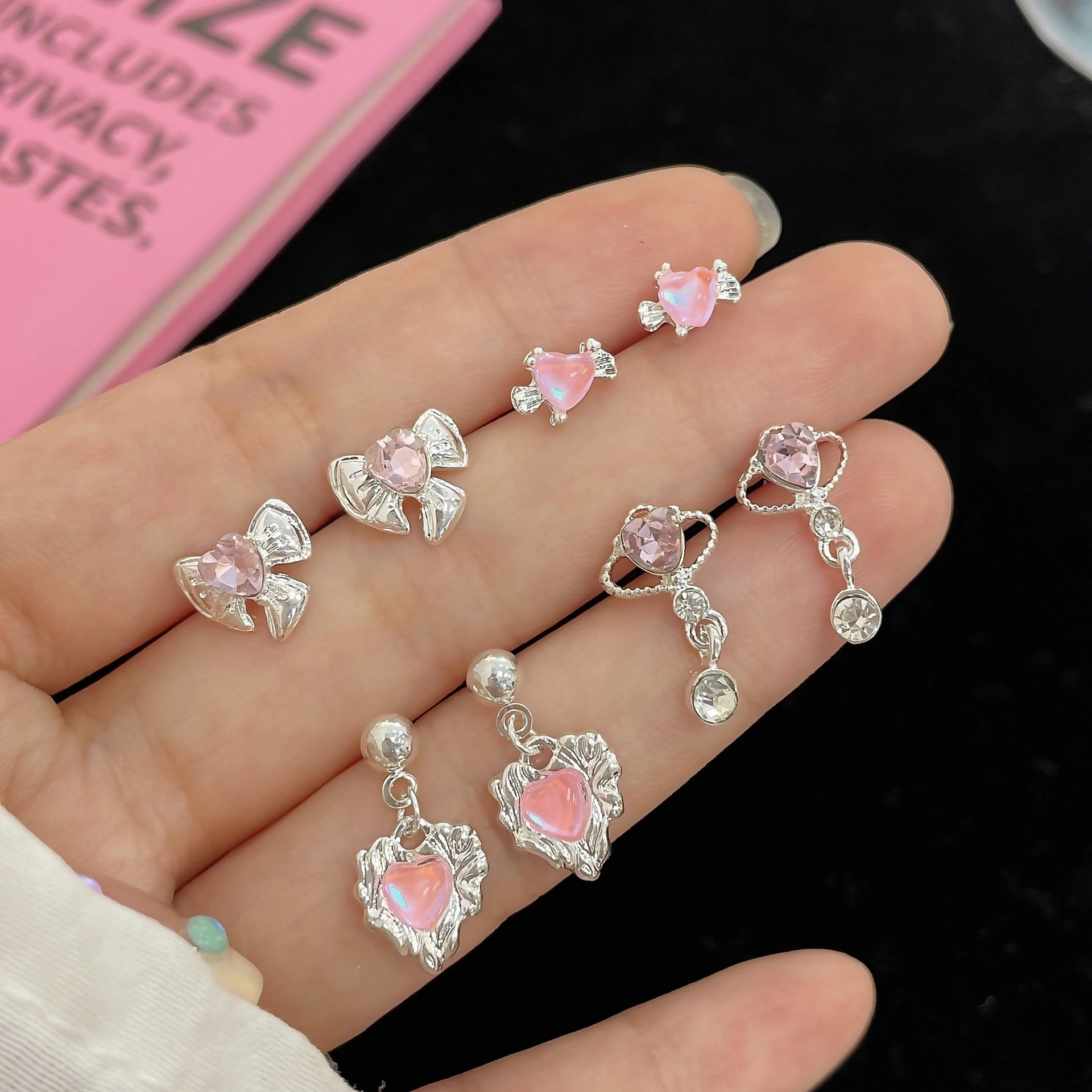 Wholesale Silver Needle Pink Diamond Heart Stud Earrings Set Planet Pendant