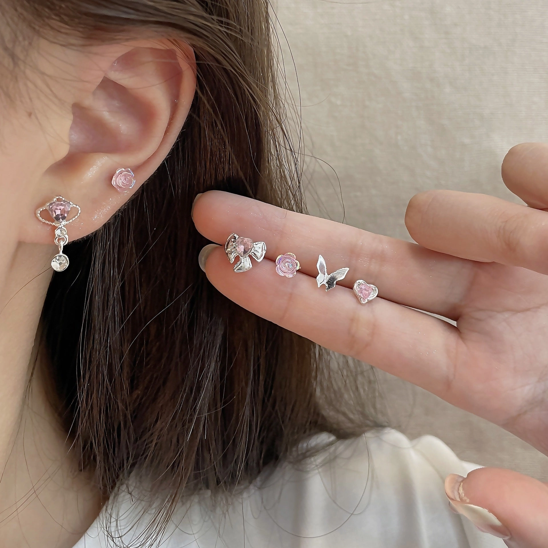 Wholesale Silver Needle Pink Diamond Heart Stud Earrings Set Planet Pendant