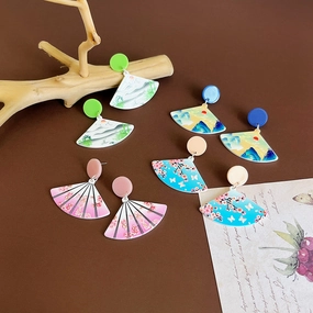 Wholesale Silver Needle Retro Cartoon Ink Painting Flower Fan Earrings