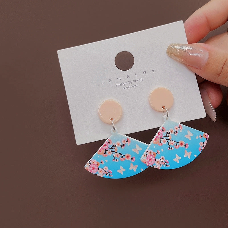 Wholesale Silver Needle Retro Cartoon Ink Painting Flower Fan Earrings