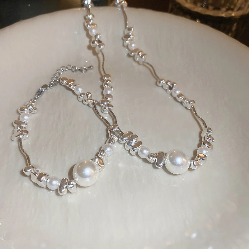 Wholesale Silver Pearl Irregular Stitching Bracelet Necklace Set
