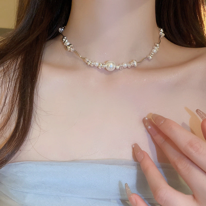 Wholesale Silver Pearl Irregular Stitching Bracelet Necklace Set