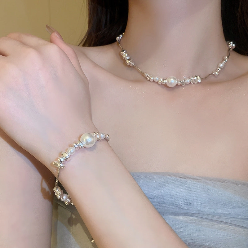 Wholesale Silver Pearl Irregular Stitching Bracelet Necklace Set