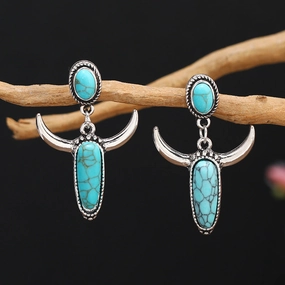 Wholesale Silver-plated Turquoise Ox-head-shaped Vintage Earrings