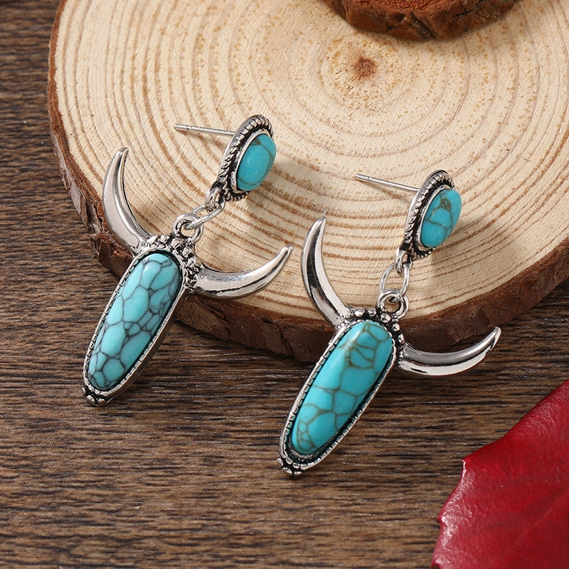 Wholesale Silver-plated Turquoise Ox-head-shaped Vintage Earrings