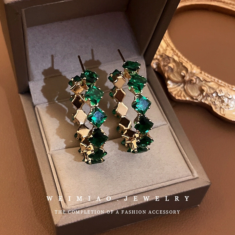 Wholesale Silver Post Emerald Rhinestone Hoop Earrings