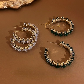 Wholesale Silver Post Emerald Rhinestone Hoop Earrings