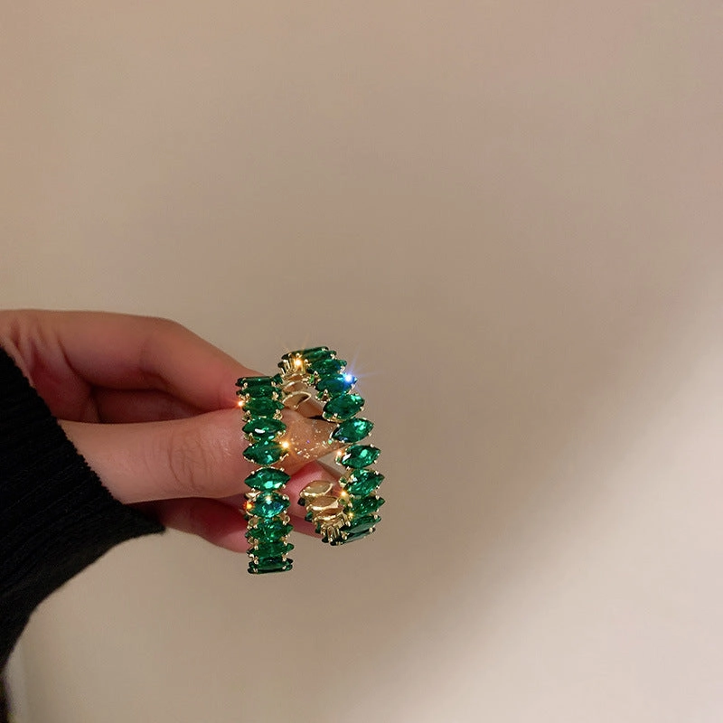 Wholesale Silver Post Emerald Rhinestone Hoop Earrings