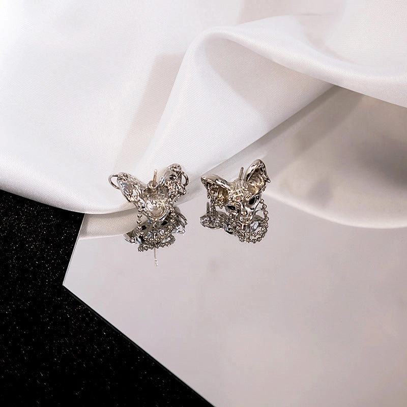 Wholesale Silver Stitch Cat Chain Tassel Alloy Earrings