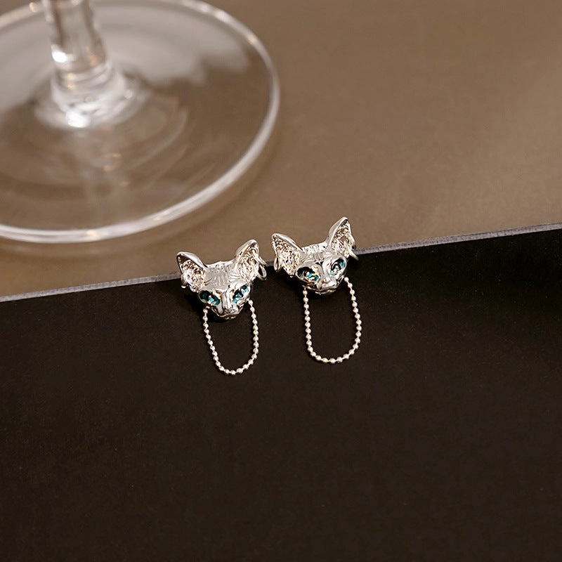 Wholesale Silver Stitch Cat Chain Tassel Alloy Earrings